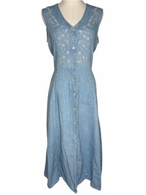 Vintage 90s Denim Floral Embroidery Maxi Dress Boho Retro